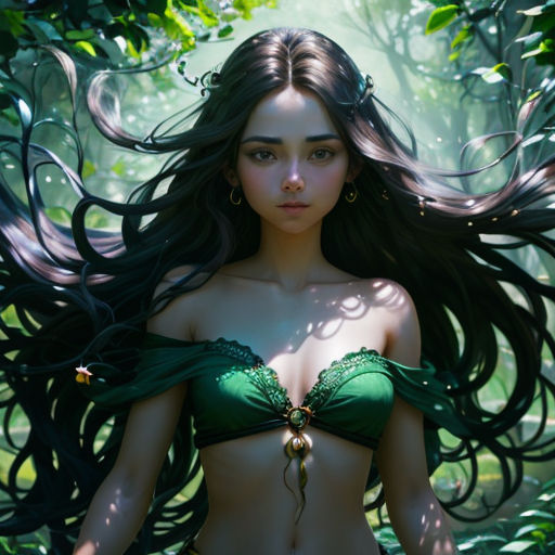 a woman with long hair and green bra top in a forest with leaves and flowers on her chest and her hair blowing in the wind