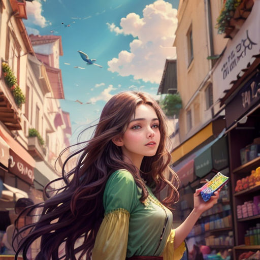 a woman holding a box of candy in a city street with a bird flying overhead in the sky above