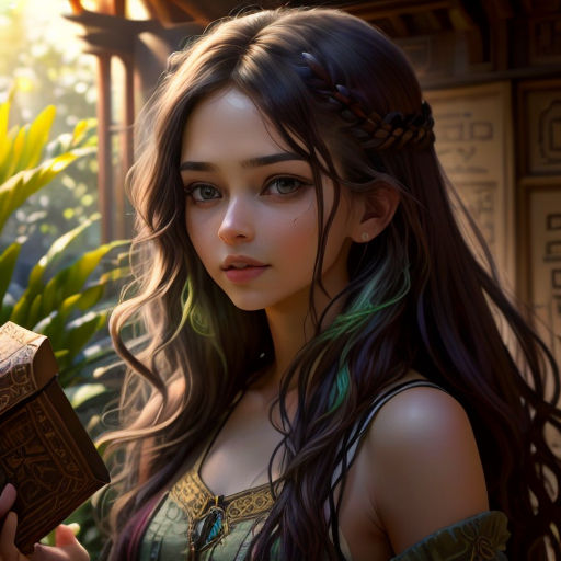 a woman holding a box in her hand and a plant in the background with a sun shining on her