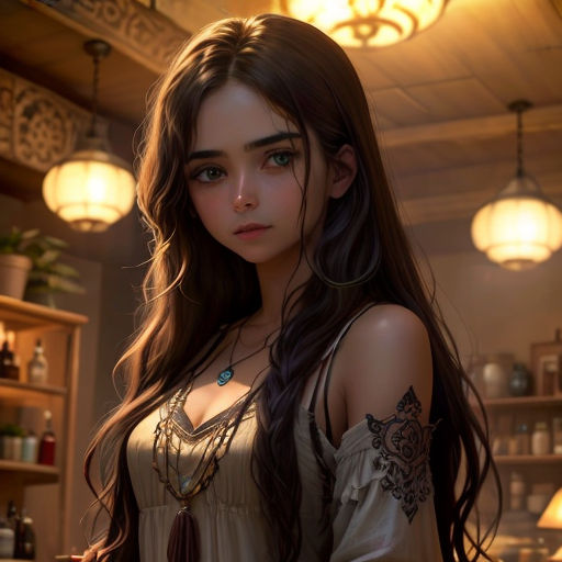 a woman with long hair and a necklace standing in a room with lights on the ceiling and a shelf with bottles