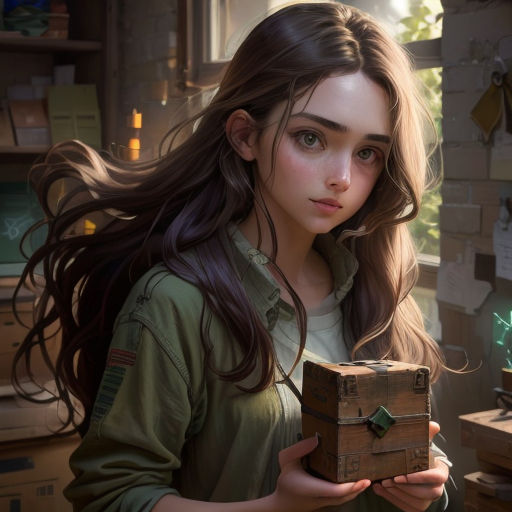 a girl holding a box in a room with a brick wall and shelves on the wall and a green light behind her