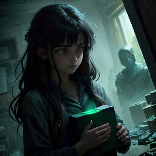 a girl holding a book in a dark room with a demon in the background and a man in the background