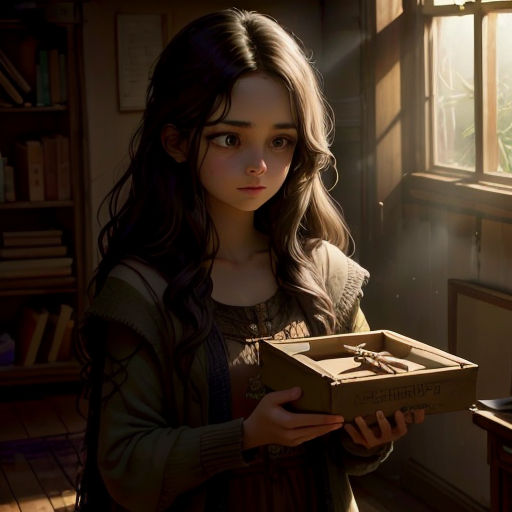 a girl holding a box of matches in a room with a window and a bookcase in the background