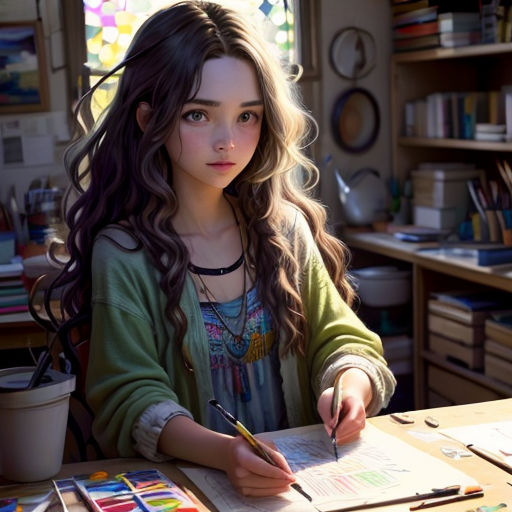a girl sitting at a desk with a book and pen in her hand and a window in the background