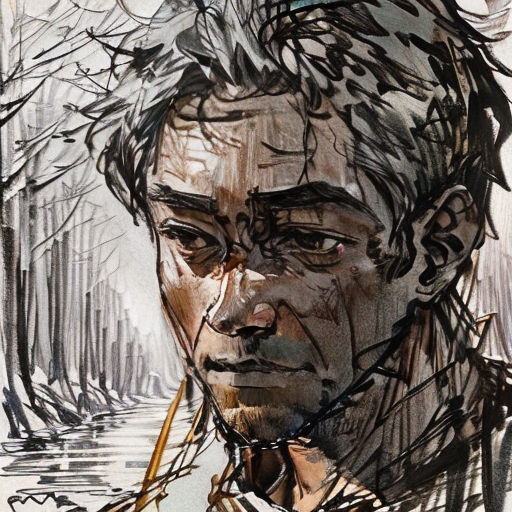 a drawing of a man with a hat and a scarf on his head and a tree in the background