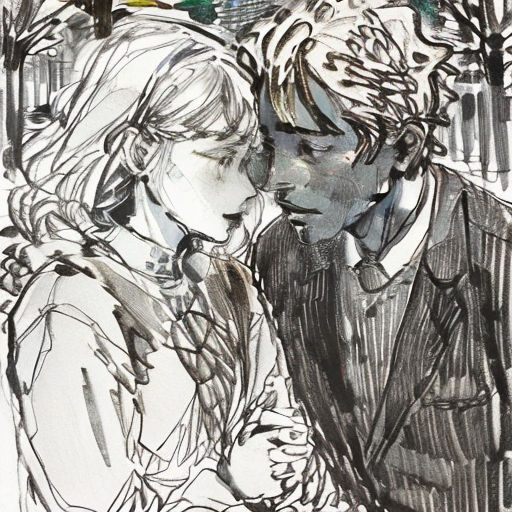 a drawing of two people sitting next to each other on a bench in the rain, one of them is holding a phone