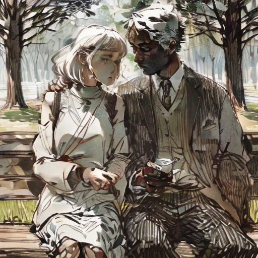 a man and a woman sitting on a bench in a park, one of them is holding a drink