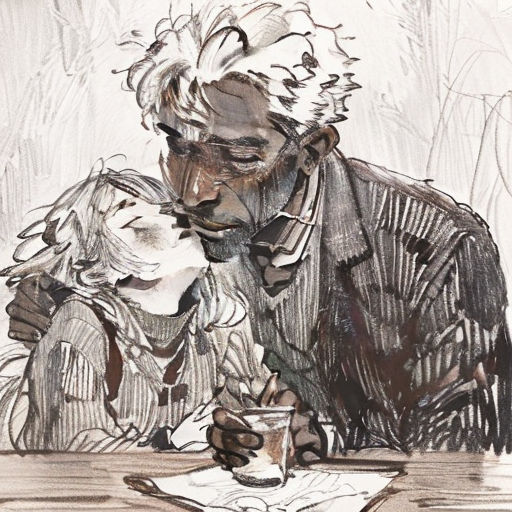 a drawing of a man sitting at a table with a glass of wine in front of him and a dog