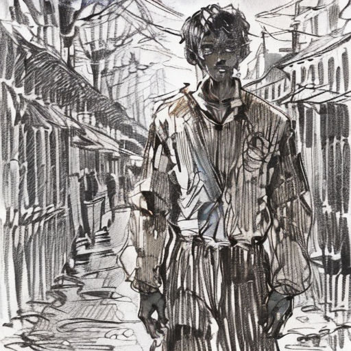a drawing of a man walking down a street in a city with buildings and a street light in the background