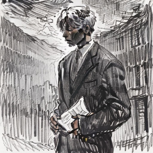 a man in a suit is standing in front of a building with a newspaper in his hand and a building in the background