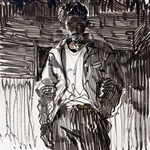 a drawing of a man standing in front of a wall with a tie on and a hat on his head
