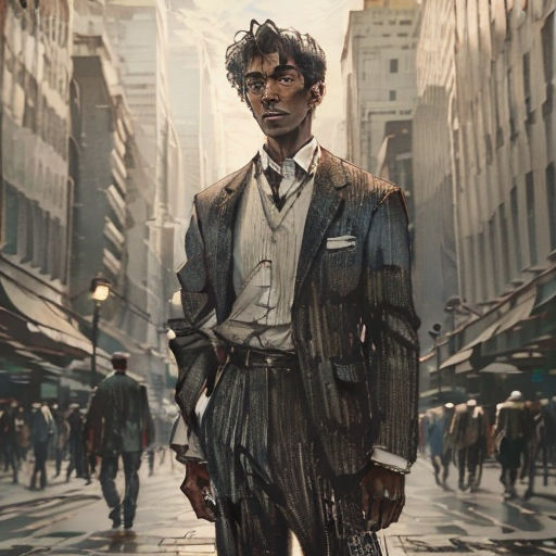 a man in a suit and tie standing on a street corner in the rain with a umbrella over his head