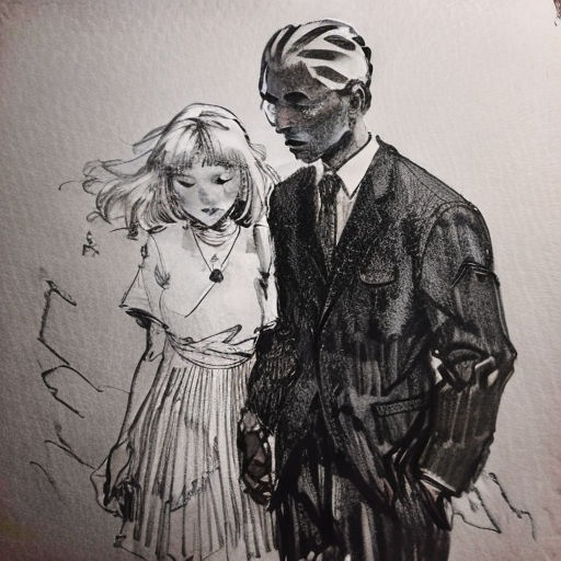 a drawing of a man and a woman standing next to each other in a room with a wall behind them