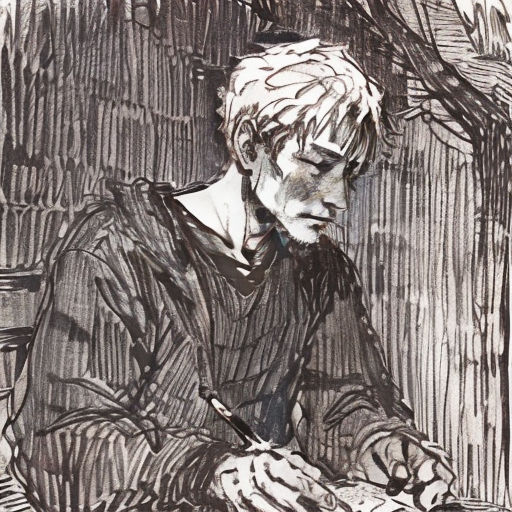 a drawing of a man sitting at a table writing on a piece of paper with a pen in his hand