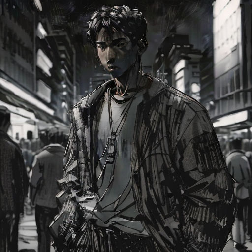 a man standing in a crowded city street with a jacket on his shoulders and a chain around his neck