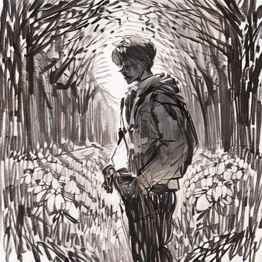 a drawing of a man walking through a forest with trees and flowers in the background, with a bird flying overhead