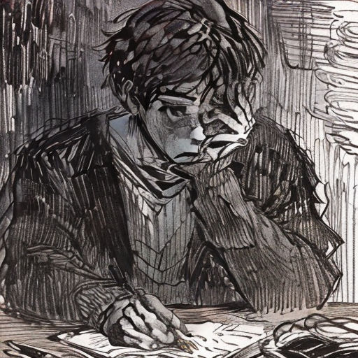 a drawing of a man sitting at a table with a book in his hands and a pen in his hand