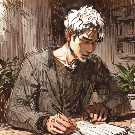 a man sitting at a table writing on a piece of paper with a pen in his hand and a plant in the background