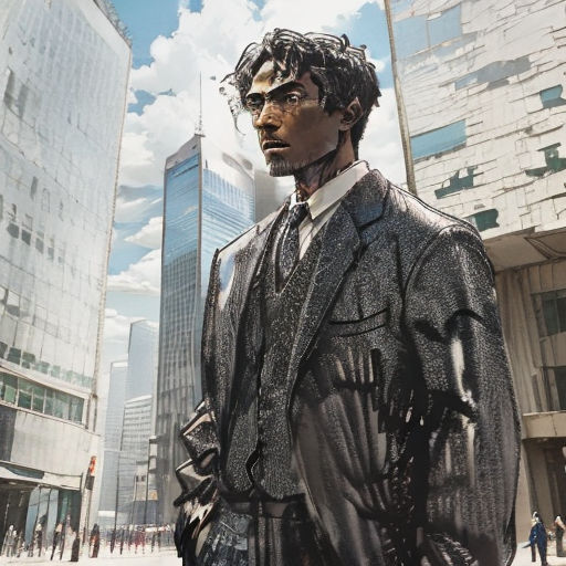 a statue of a man in a suit and tie in a city square with skyscrapers in the background