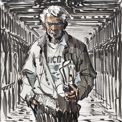 a drawing of a man holding a gun in a hallway with a wall behind him and a sign that says no guns allowed