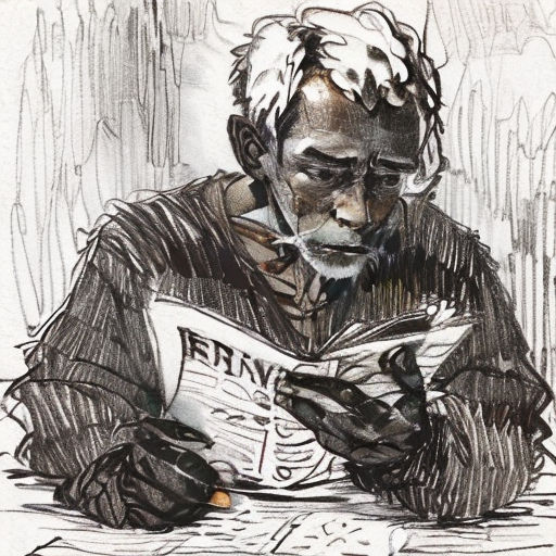 a drawing of a man reading a newspaper while wearing gloves and a hat with a cigarette in his mouth