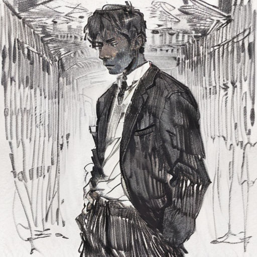 a drawing of a man in a suit and tie standing in a hallway with a wall of wires behind him