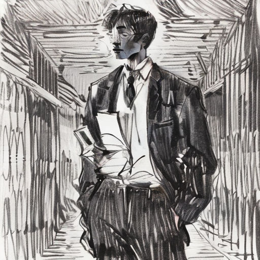 a drawing of a man in a suit and tie standing in a hallway with a book in his hand