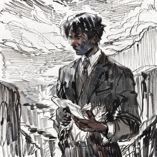 a drawing of a man in a suit and tie holding a book in his hands and looking at the sky