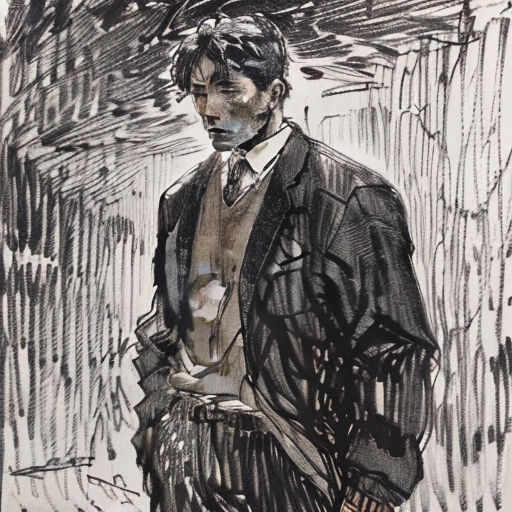 a drawing of a man in a suit and tie standing in front of a wall with a bird on his head
