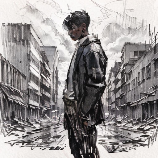 a drawing of a man standing in a city street with a building in the background and a sky filled with clouds