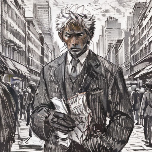 a man in a suit and tie standing in the street with a newspaper in his hand and a cityscape in the background