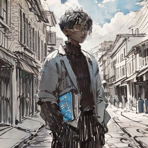 a drawing of a man standing on a street corner with a book in his hand and a book in his other hand