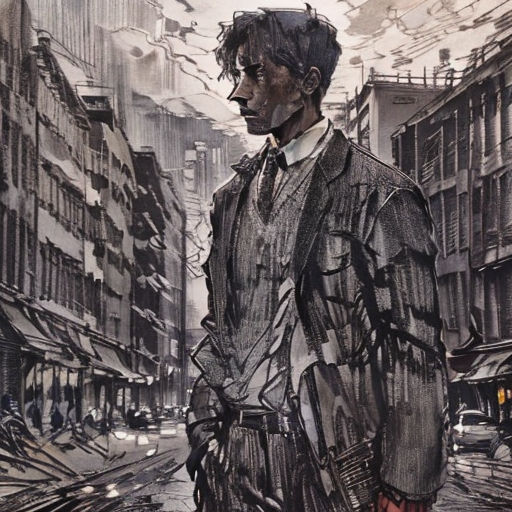 a man in a suit and tie standing in the middle of a street with buildings in the background and a person walking down the street