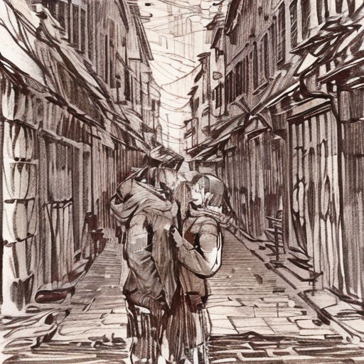a drawing of two people walking down a street in a city with buildings and a sky line above them