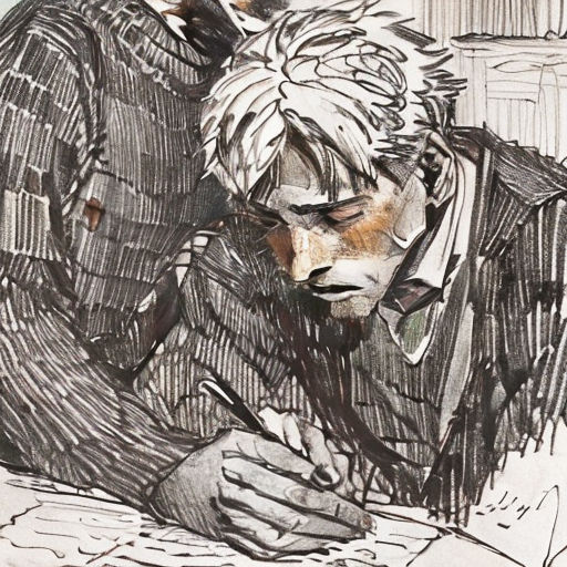 a drawing of a man sitting down with his head on his hand and a pen in his other hand