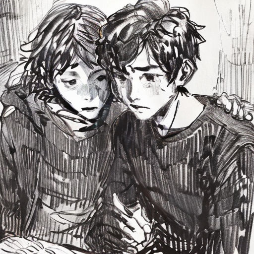 a drawing of two people sitting next to each other on a couch with a book in their hands and a pen in their hand
