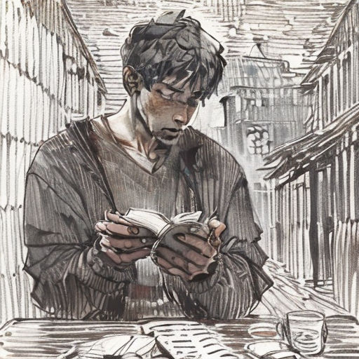 a man sitting at a table reading a book in a city street area with a building in the background