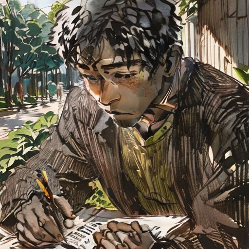 a man sitting at a table writing on a piece of paper with a pen and paper clipping in his hand