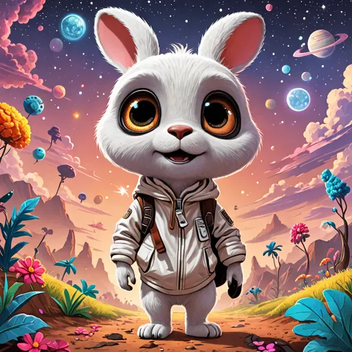 a cartoon rabbit in a space suit standing in a field with planets in the background and a sky full of stars, space art, a character portrait, Chris LaBrooy, highly detailed digital painting