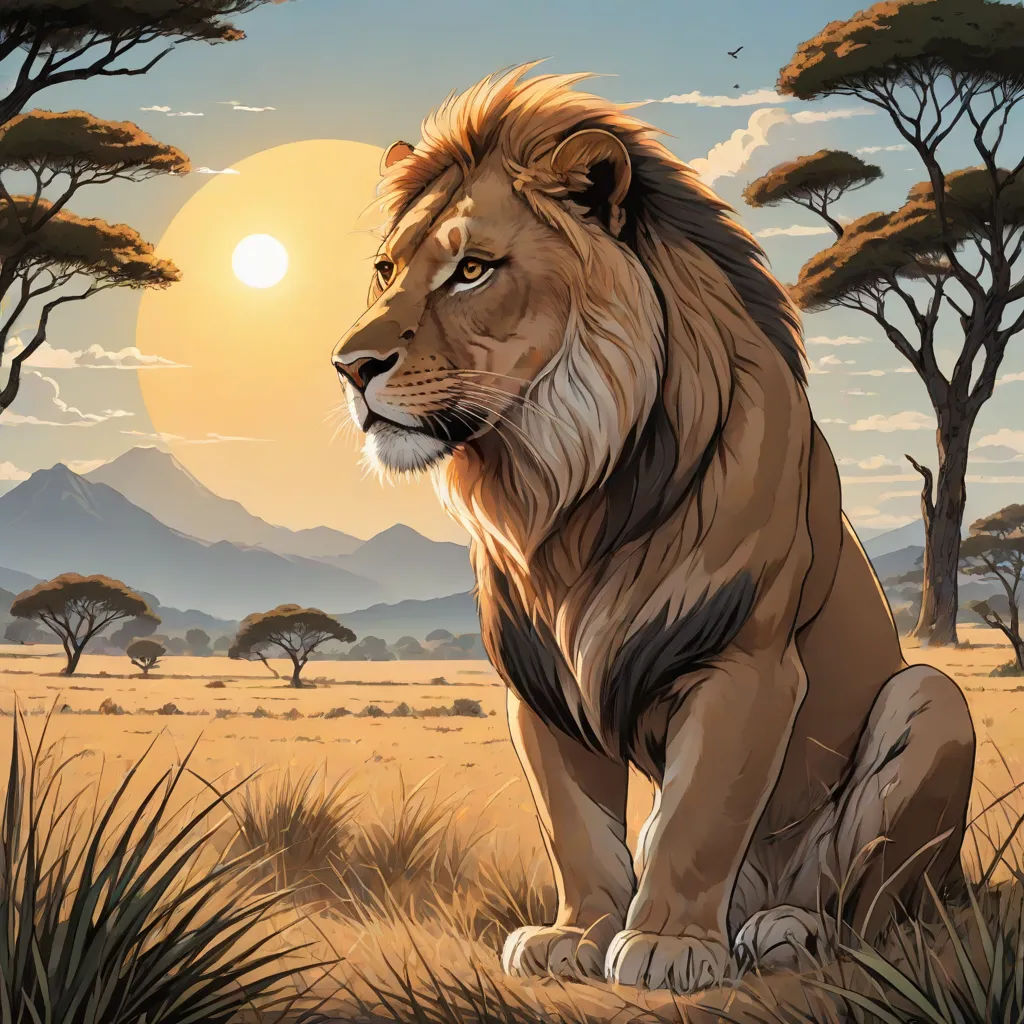 a lion sitting in the grass with a sunset in the background and trees in the foreground, and a mountain range in the distance, fantasy art, an airbrush painting, Chris LaBrooy, majestic