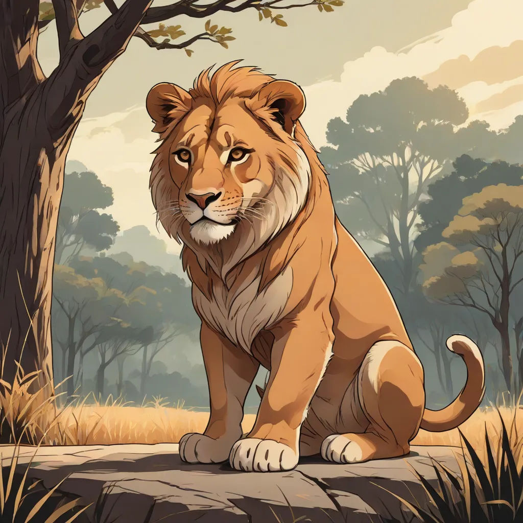 a lion sitting on a rock in a forest with trees and grass in the background, with a sky background, furry art, a character portrait, Chris LaBrooy, official art