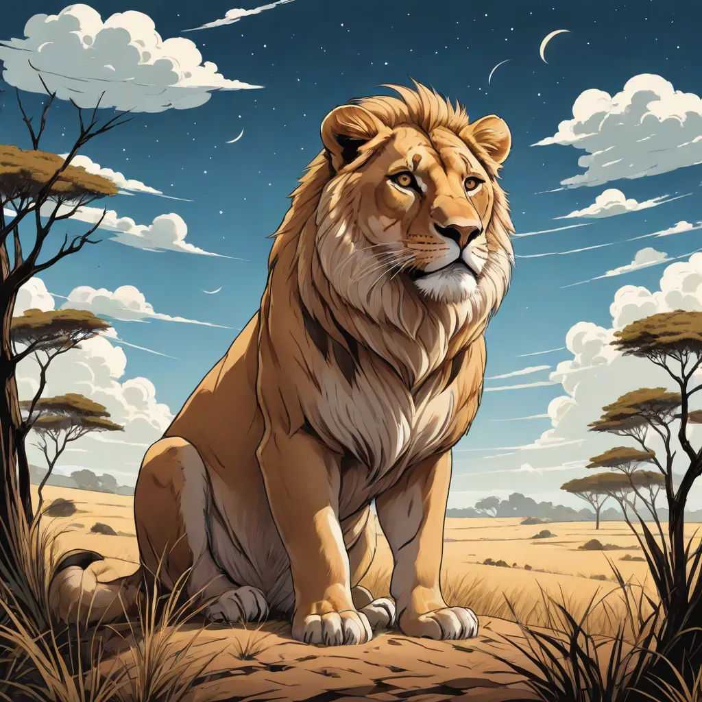 a lion sitting in the middle of a field with trees and clouds in the background and a blue sky with white clouds, fantasy art, a digital painting, Chris LaBrooy, highly detailed digital painting