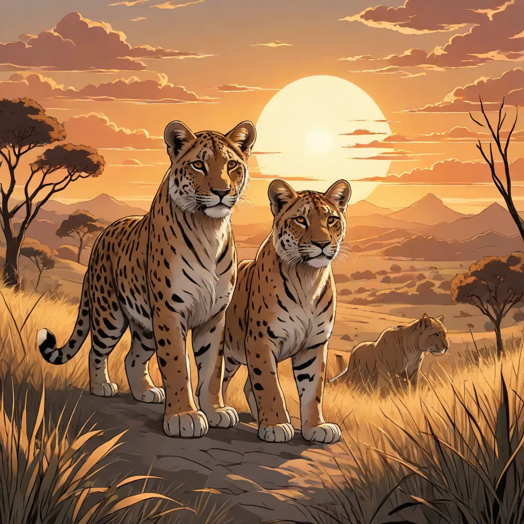 two tigers standing on a hill in front of a sunset with mountains and trees in the background and a few lions in the foreground, furry art, an airbrush painting, Brothers Hildebrandt, furaffinity