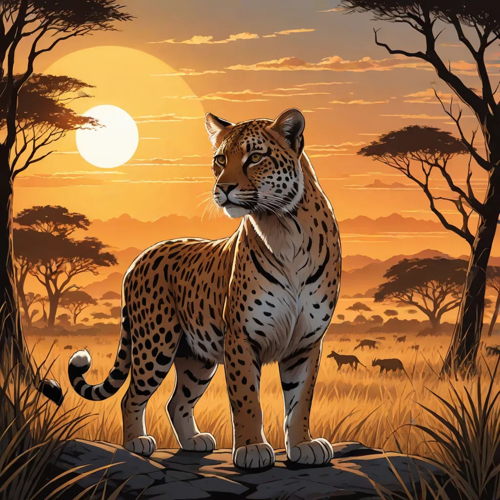 a painting of a leopard standing on a rock in the middle of a field with trees and a sunset in the background, furry art, an airbrush painting, Dan Mumford, highly detailed digital painting