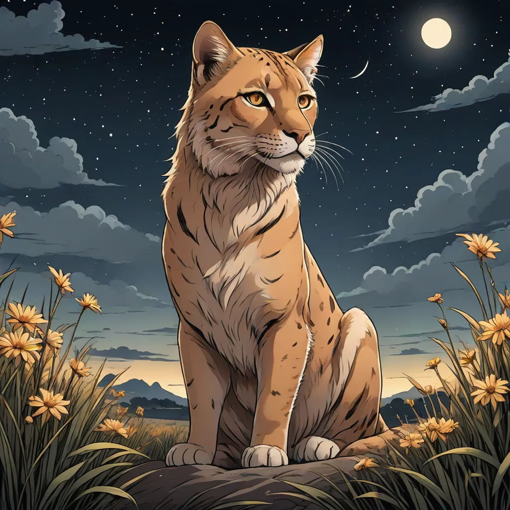 a cartoon of a cat sitting on a rock in a field of flowers at night with the moon in the sky, furry art, an album cover, Chris LaBrooy, official art