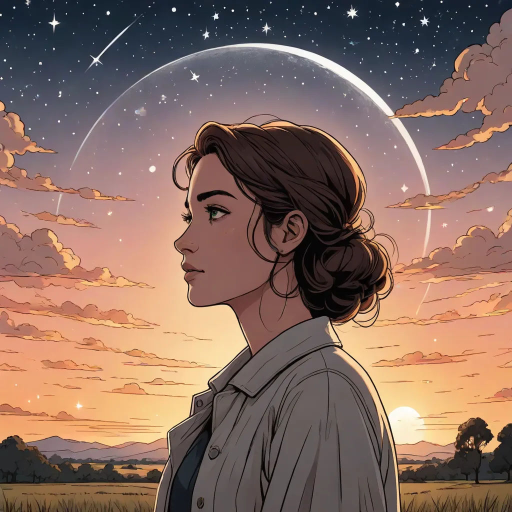 a woman standing in front of a sunset with a sky background and stars in the sky above her head, space art, poster art, Eve Ryder, comic cover art