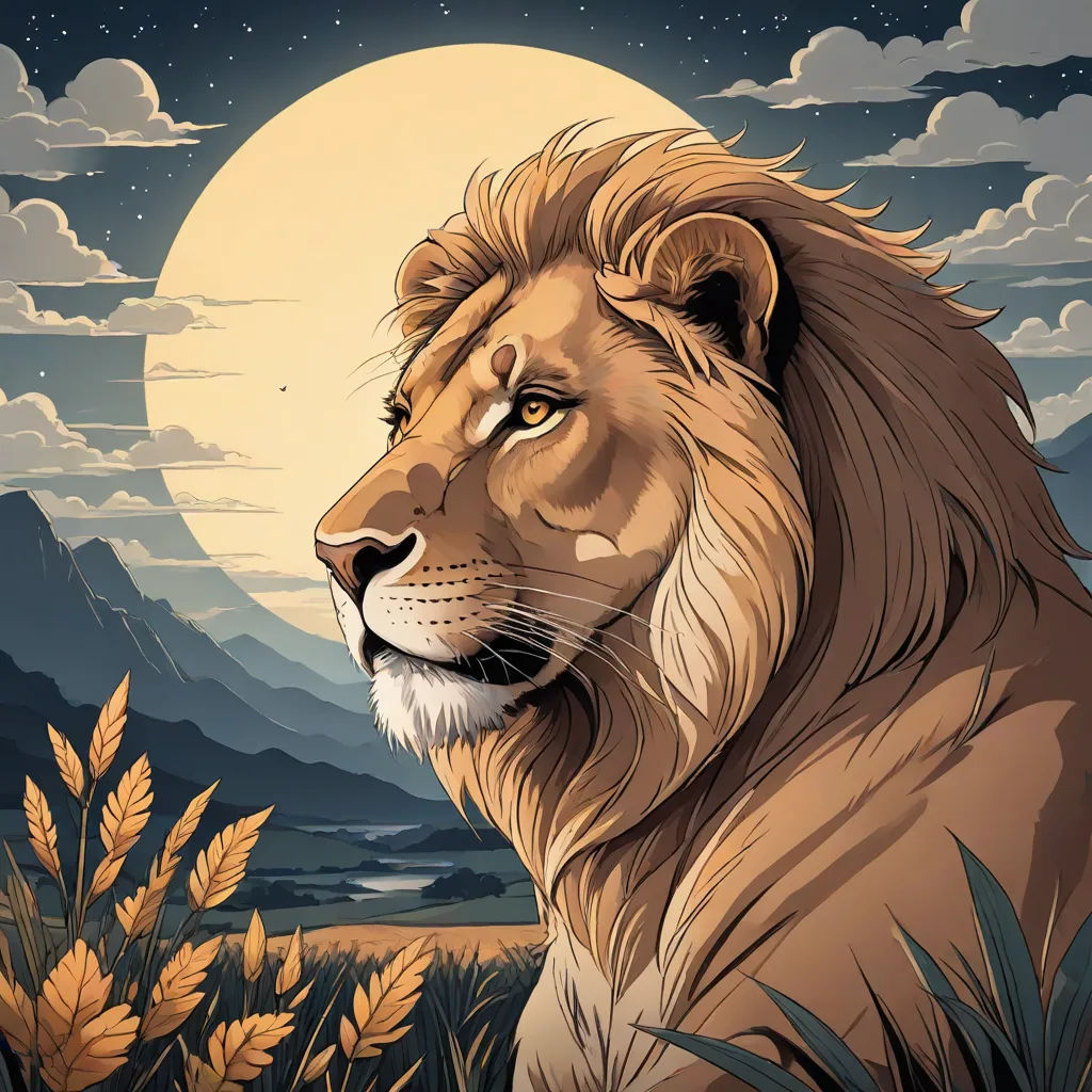 a lion is sitting in the grass under a full moon with clouds and mountains in the background, with a full moon in the sky, fantasy art, a digital painting, Chris LaBrooy, highly detailed digital painting