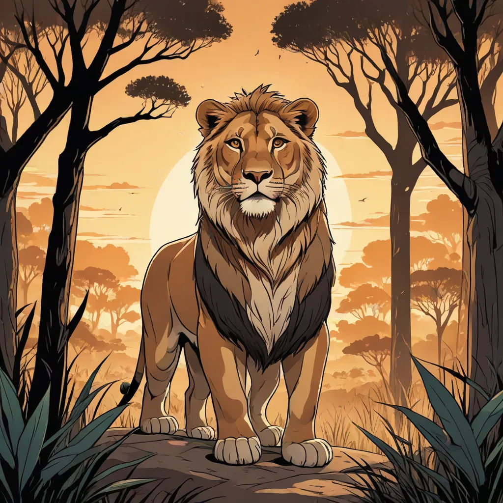 a lion standing in the middle of a forest with trees and bushes around it, with a sun setting behind it, fantasy art, an album cover, Chris LaBrooy, official art