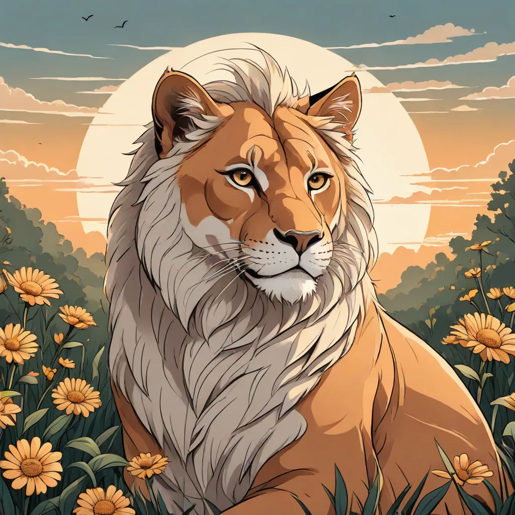 a lion sitting in a field of flowers with a full moon in the background and a bird flying overhead, furry art, a character portrait, Chris LaBrooy, trending on art station