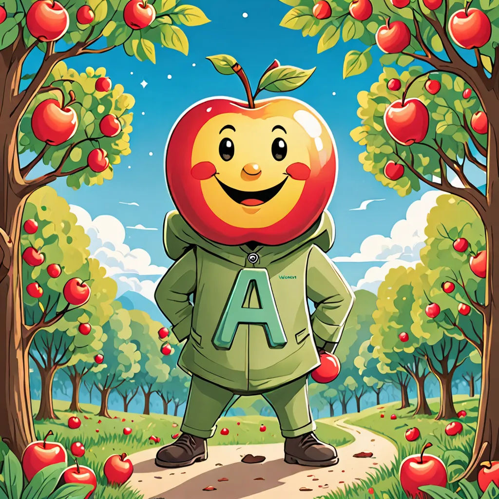 a cartoon character standing in front of a tree with apples on it and a letter a in the middle, pop surrealism, a storybook illustration, Brian Alfred, promotional image